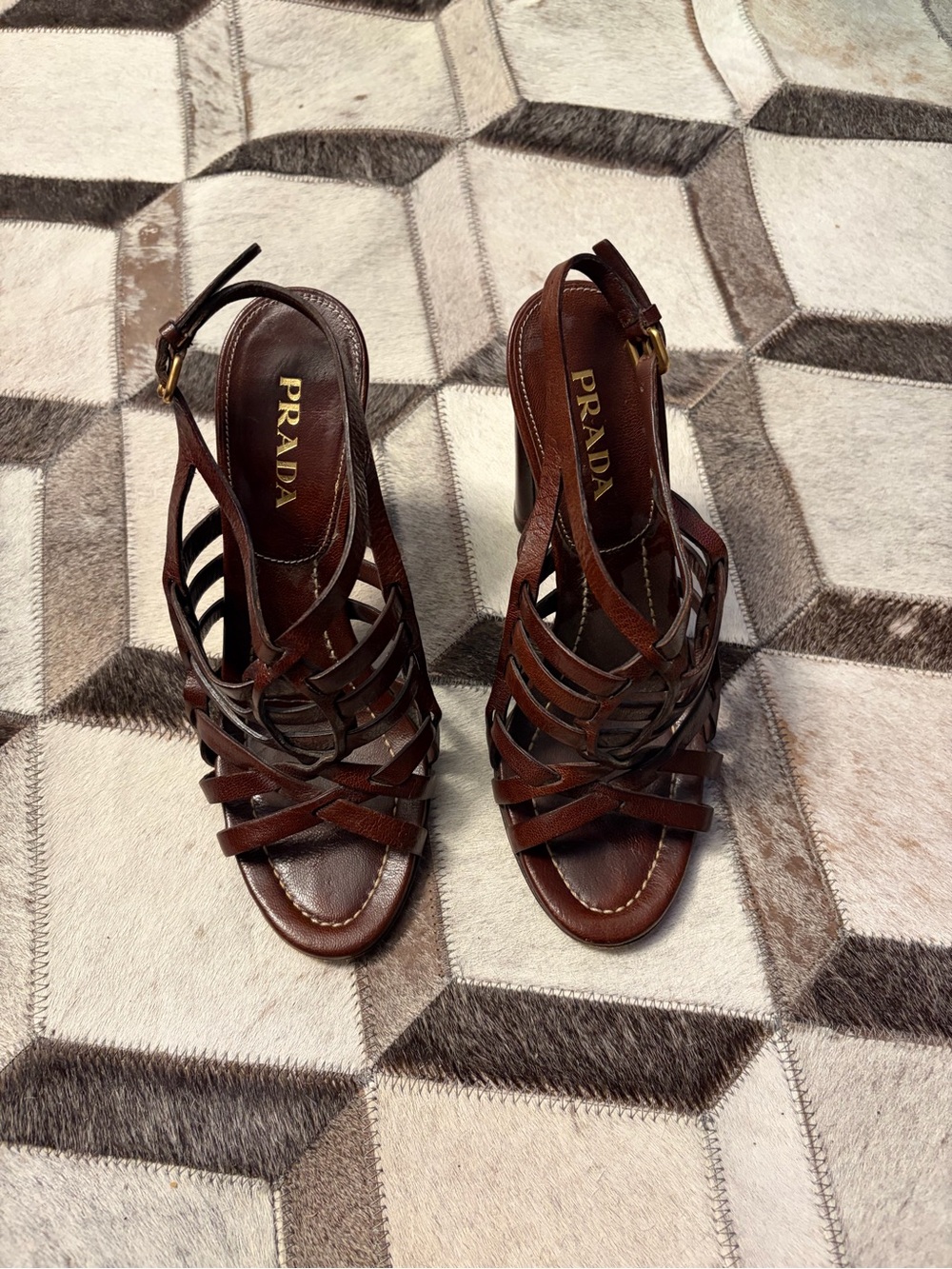 Prada  Brown Leather Madras Classic Bruciato Strappy Heeled Sandals Sz 37.5